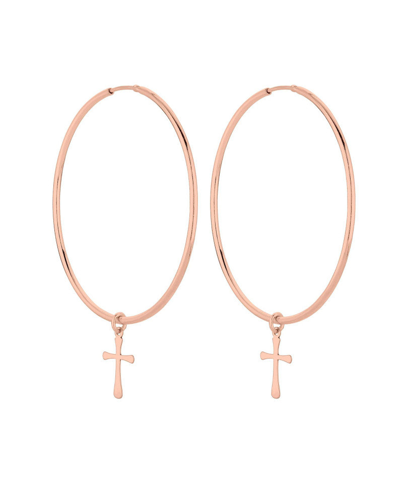 Duże kolczyki z różowego złota z krzyżami
