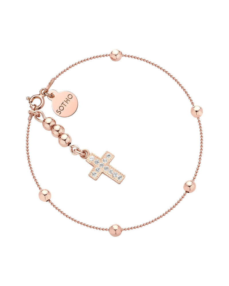 Bransoletka z różowego złota kuleczkami i krzyżykiem z kryształami SWAROVSKI® CRYSTAL