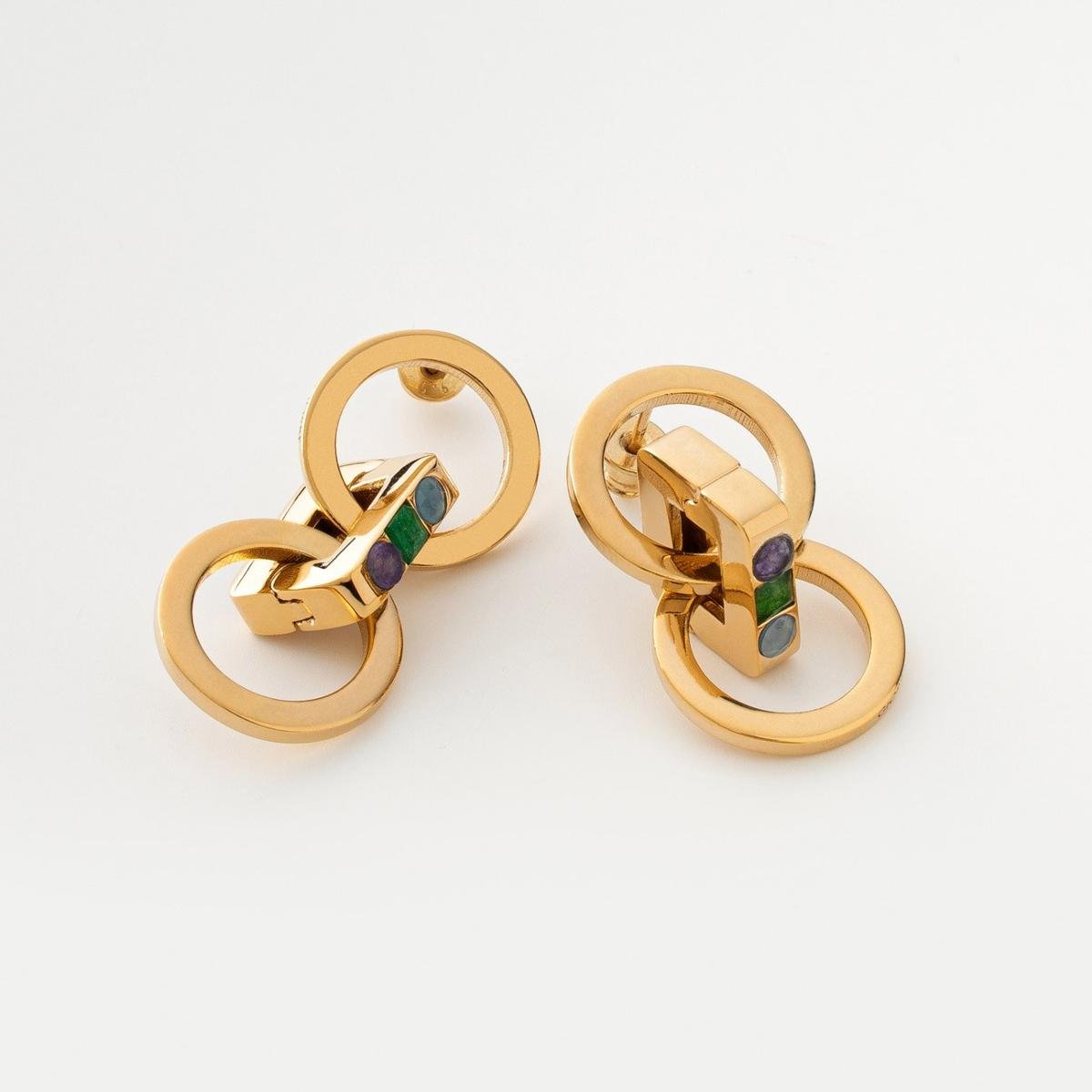 Kolczyki geometryczne z kamieniami - podwójne koła na sztyfcie : Kamień naturalny - płaski spód - Mix - niebieski onyks, ciemny zielony jadeit, amet..