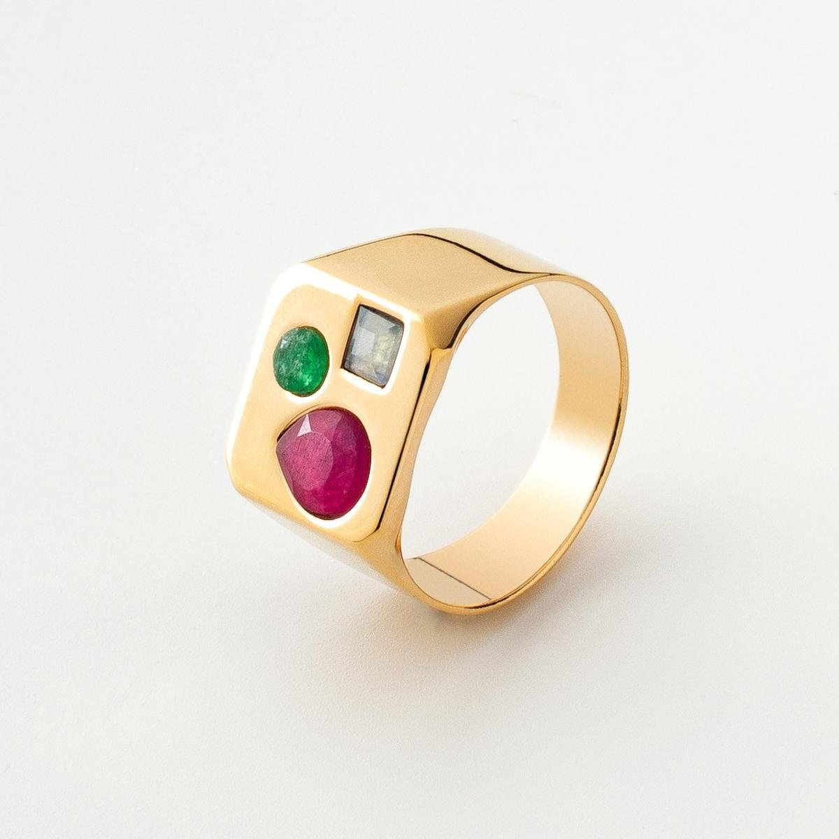 Kwadratowy pierścionek sygnet damski z kolorowymi kamieniami : ROZMIAR PIERŚCIONKA - 17 | UK:R | Φ18,00 MM, Srebro - kolor pokrycia - Pokrycie żółty..