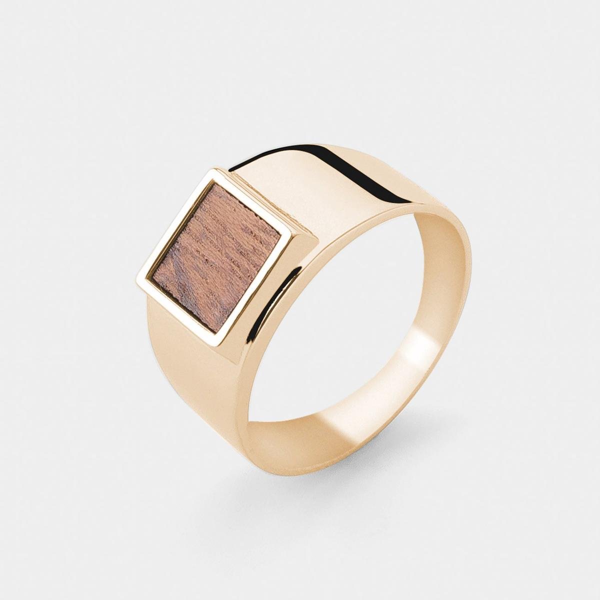 Srebrny Kwadratowy Sygnet Z Drewnem : Rozmiar Pierścionka - Srebro - 21 |Uk:T | Φ19,33 Mm, Srebro - Kolor Pokrycia - Pokrycie Żółtym 18K Złotem