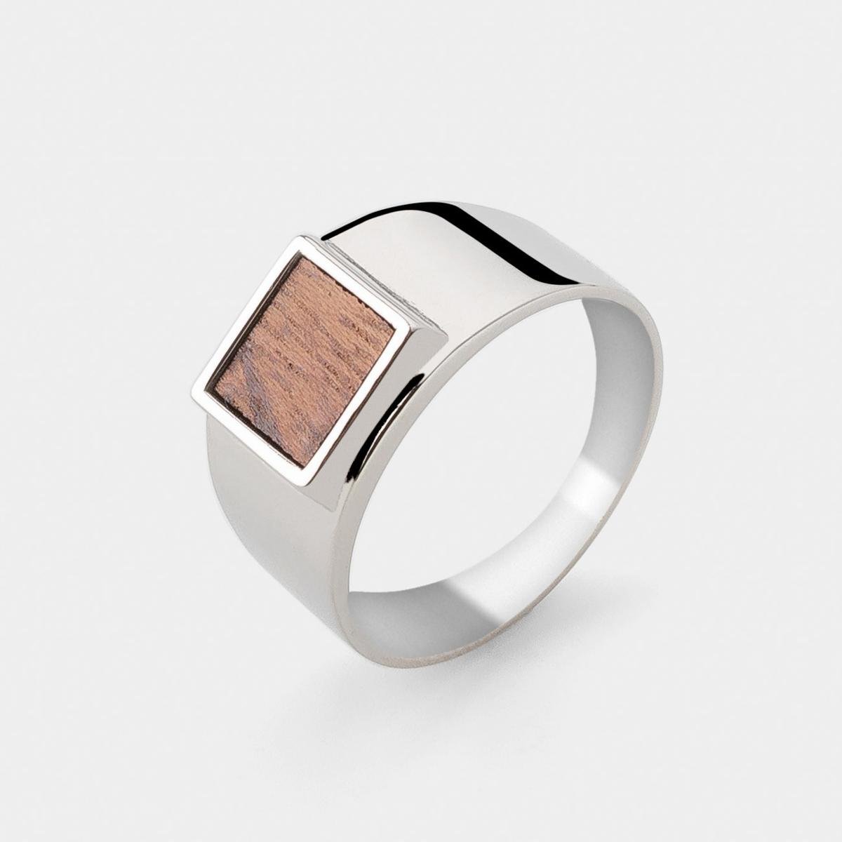 Srebrny Kwadratowy Sygnet Z Drewnem : Rozmiar Pierścionka - Srebro - 21 |Uk:T | Φ19,33 Mm, Srebro - Kolor Pokrycia - Platyną