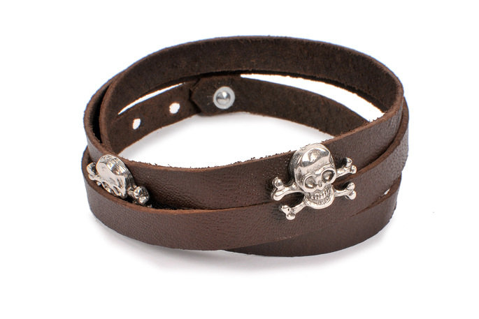 Długa Skórzana Bransoletka Z Czaszkami Rock