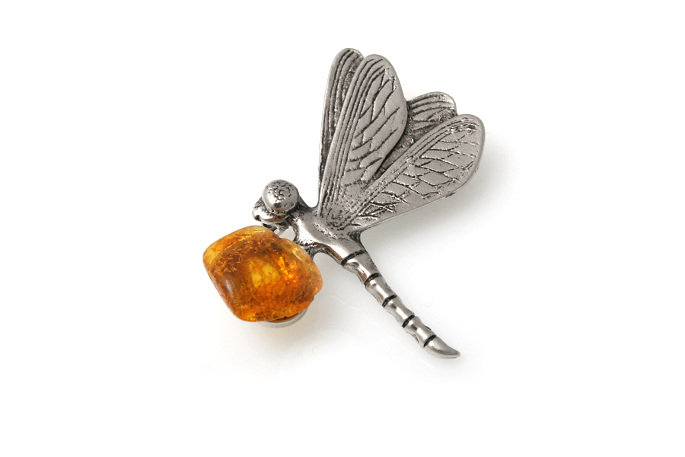 Broszka Zwinna Ważka Z Bursztynem Retro