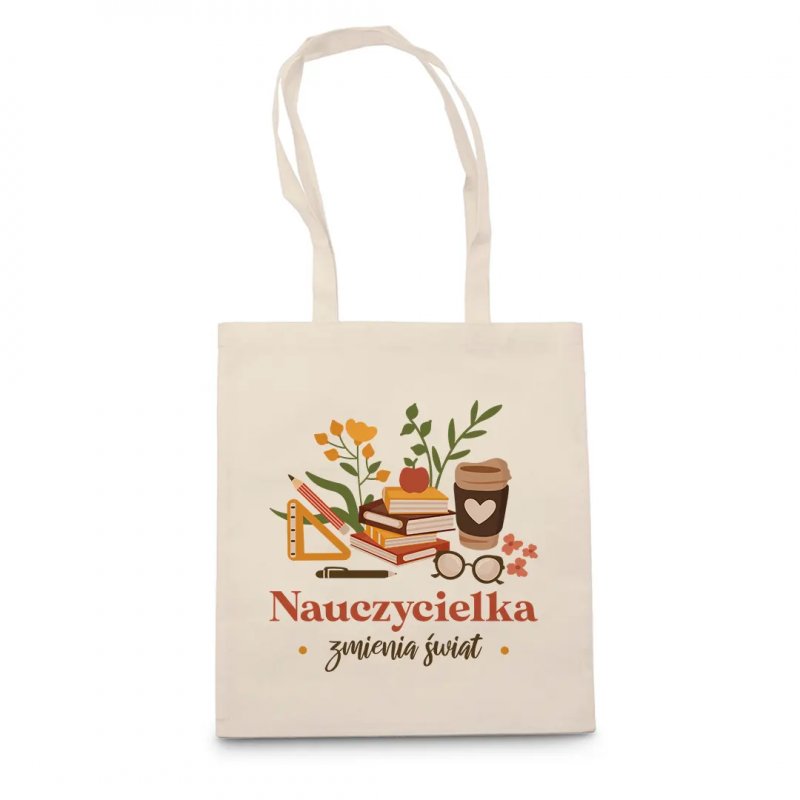 Nauczycielka Zmienia Świat - Beżowa Torba Na Prezent Dla Nauczycielki