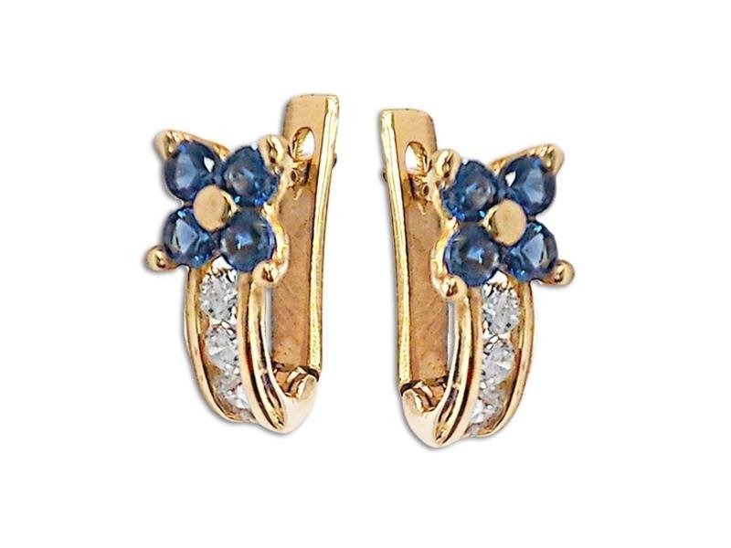 Złote Kolczyki 585 Kwiatek Z Niebieskimi Cyrkoniami