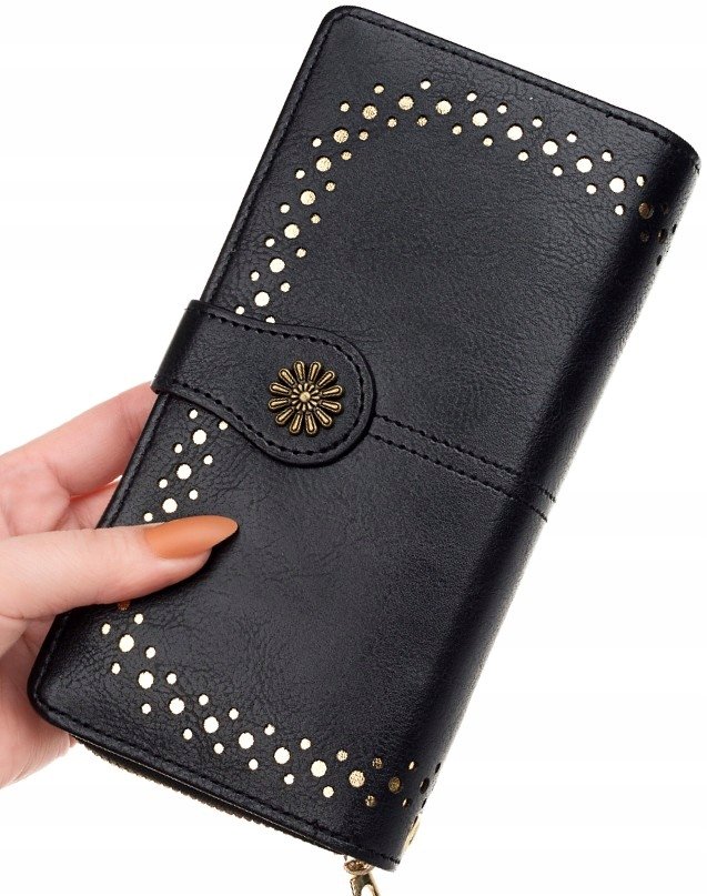 Portfel duży Skórzany pojemny ażurowy pasek boho