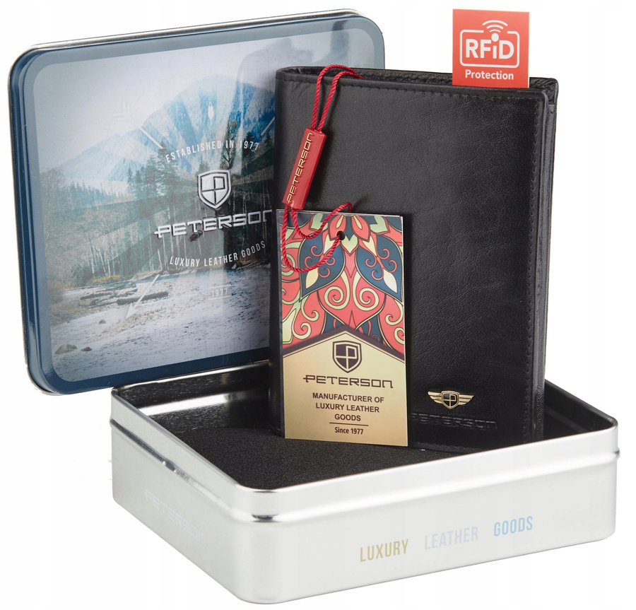 Duży Portfel Męski Czarny Ze Skóry Naturalnej, Bez Zapięcia — Peterson
