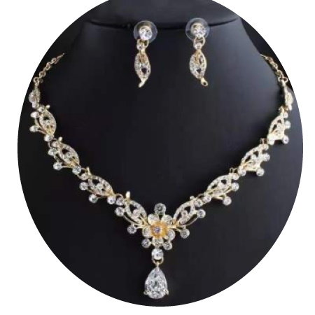 Złoty Naszyjnik Z Cyrkoniami I Kolczykami Biżuteria 2W1 B54B