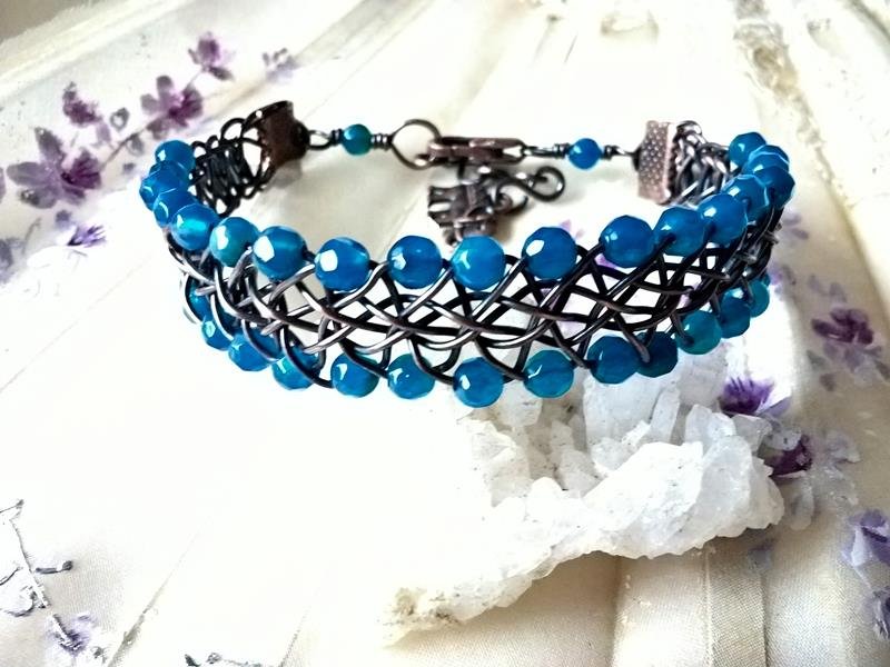 Agat - bransoletka miedziana  o splocie Kumihimo, znak Byka,  obwód 17.5 cm do 20 cm