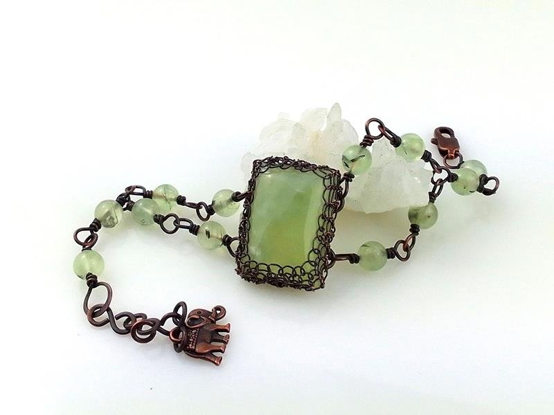 Kwarc lemon i prehnit - bransoletka miedziana, znak Byka, obwód 16-19  cm