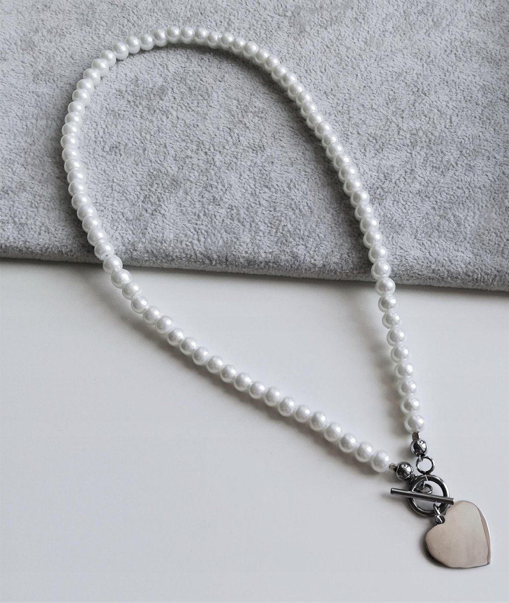 naszyjnik perły 6mm DUŻE SERCE srebrna stal 45cm