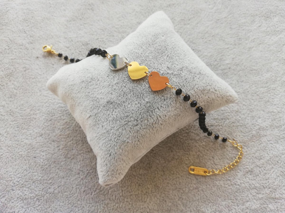 BRANSOLETKA CZARNA SERCE SERDUSZKO ZŁOTA STAL