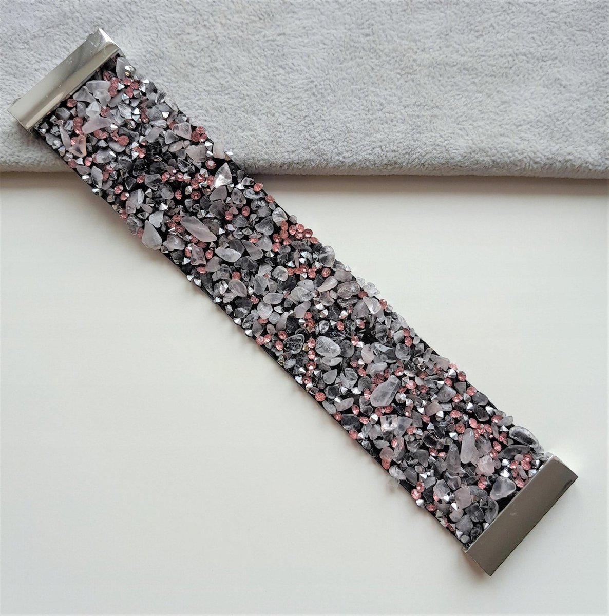 SZEROKA BRANSOLETKA RÓŻ FIOLET KAMIENIE STAL 3,5cm