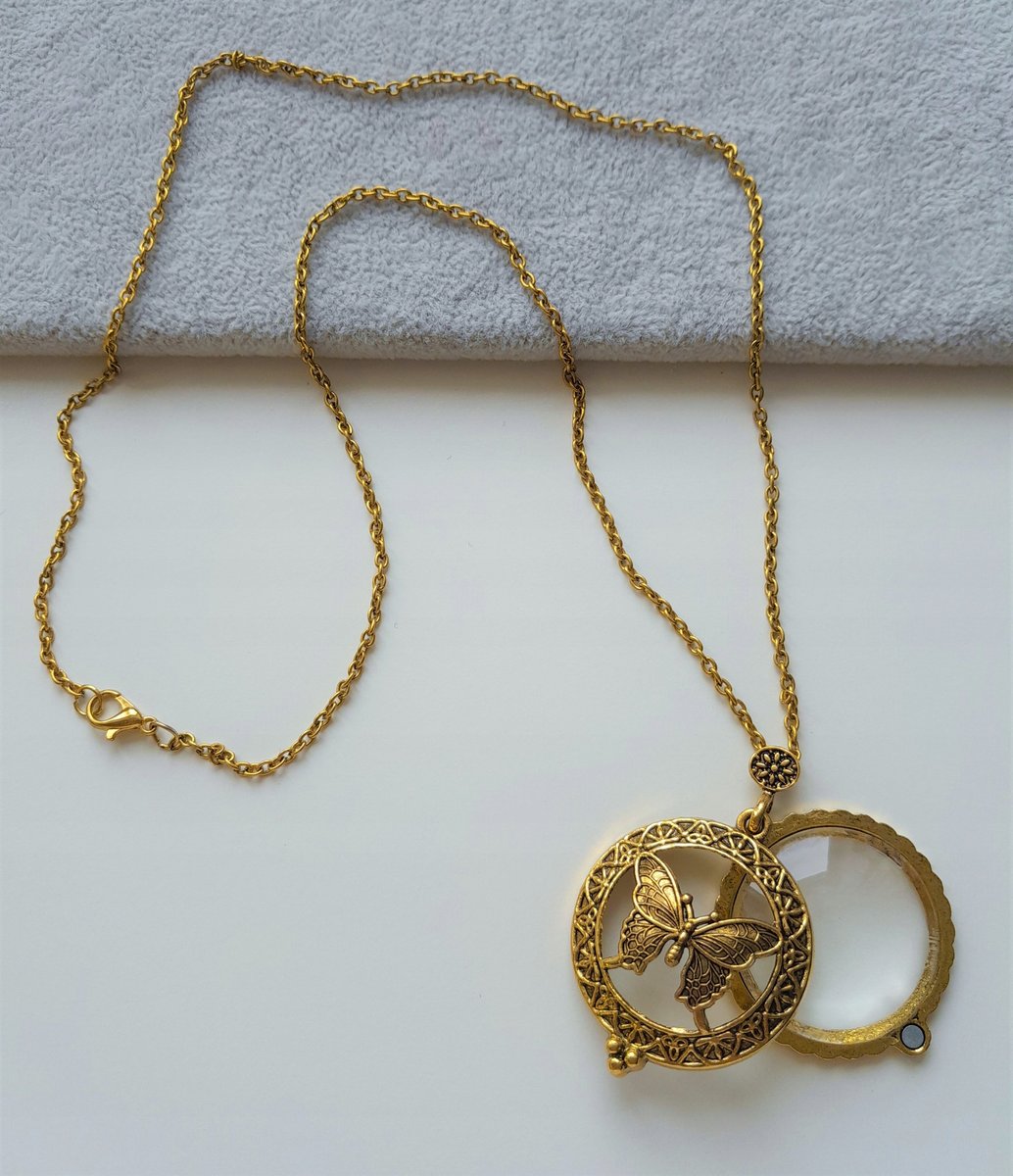 ZŁOTY NASZYJNIK SZKŁO POWIĘKSZAJĄCE LUPA MOTYL