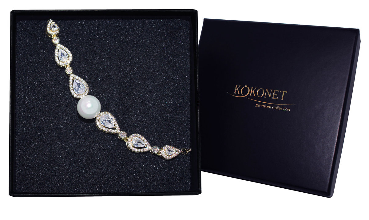 Bransoletka ślubna POZŁACANA 18k perłowa z łezkami BLASK