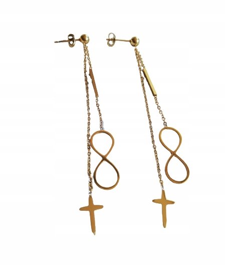 DŁUGIE KOLCZYKI NIESKOŃCZONOŚĆ KRZYŻYK ZŁOTA STAL