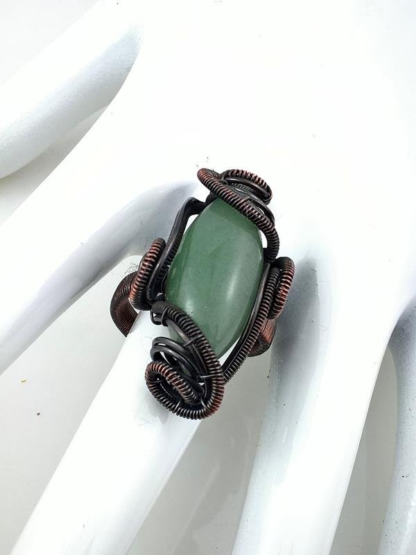 Pierścionek miedziany 33x17 mm z awenturynem, znak Byka, rozmiar regulowany