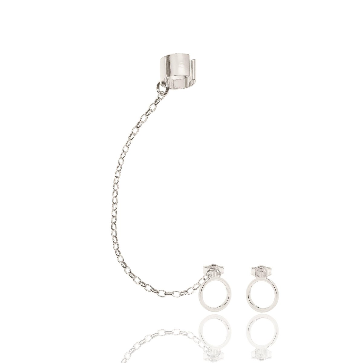 Nausznica srebrna z łańcuszkiem i kolczykami obręczami