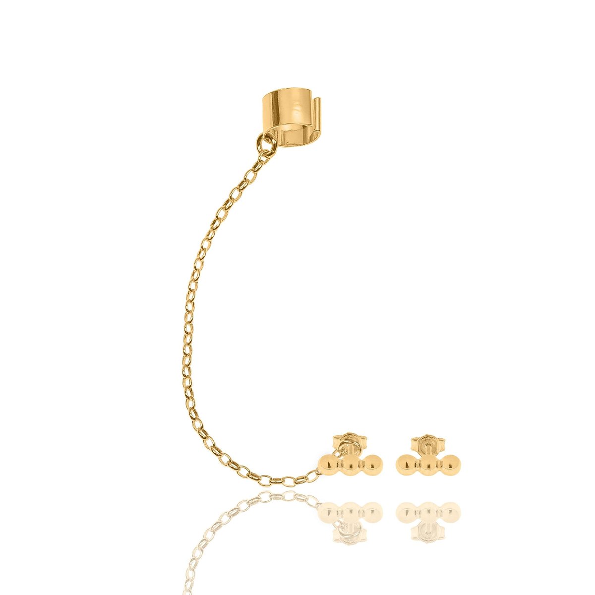 Nausznica srebrna pozłacana z łańcuszkiem i kolczykami kulkami