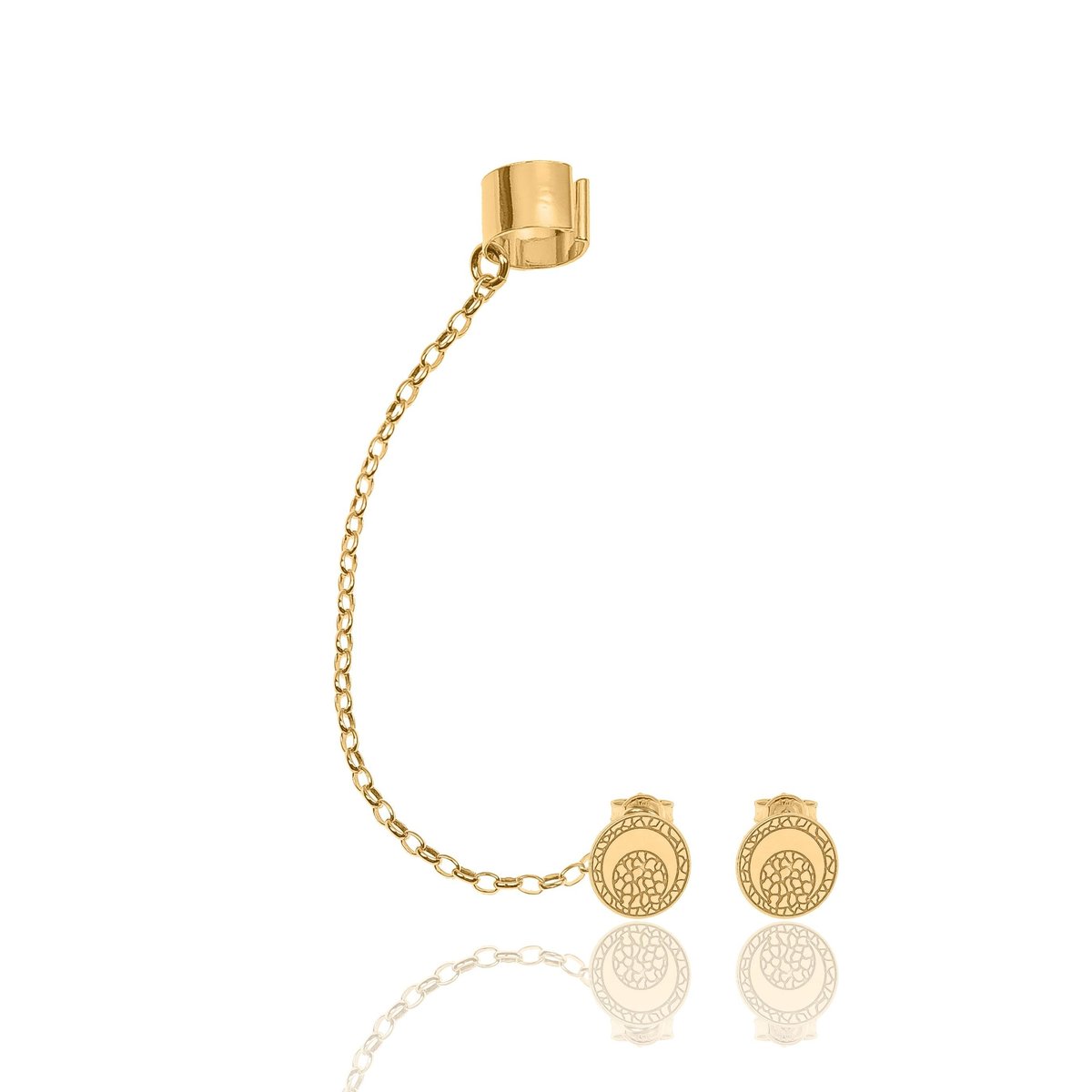 Nausznica srebrna pozłacana z łańcuszkiem i kolczykami z grawerowanymi księżycami