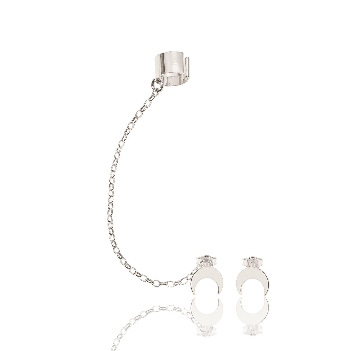 Nausznica srebrna z łańcuszkiem i kolczykami księżycami