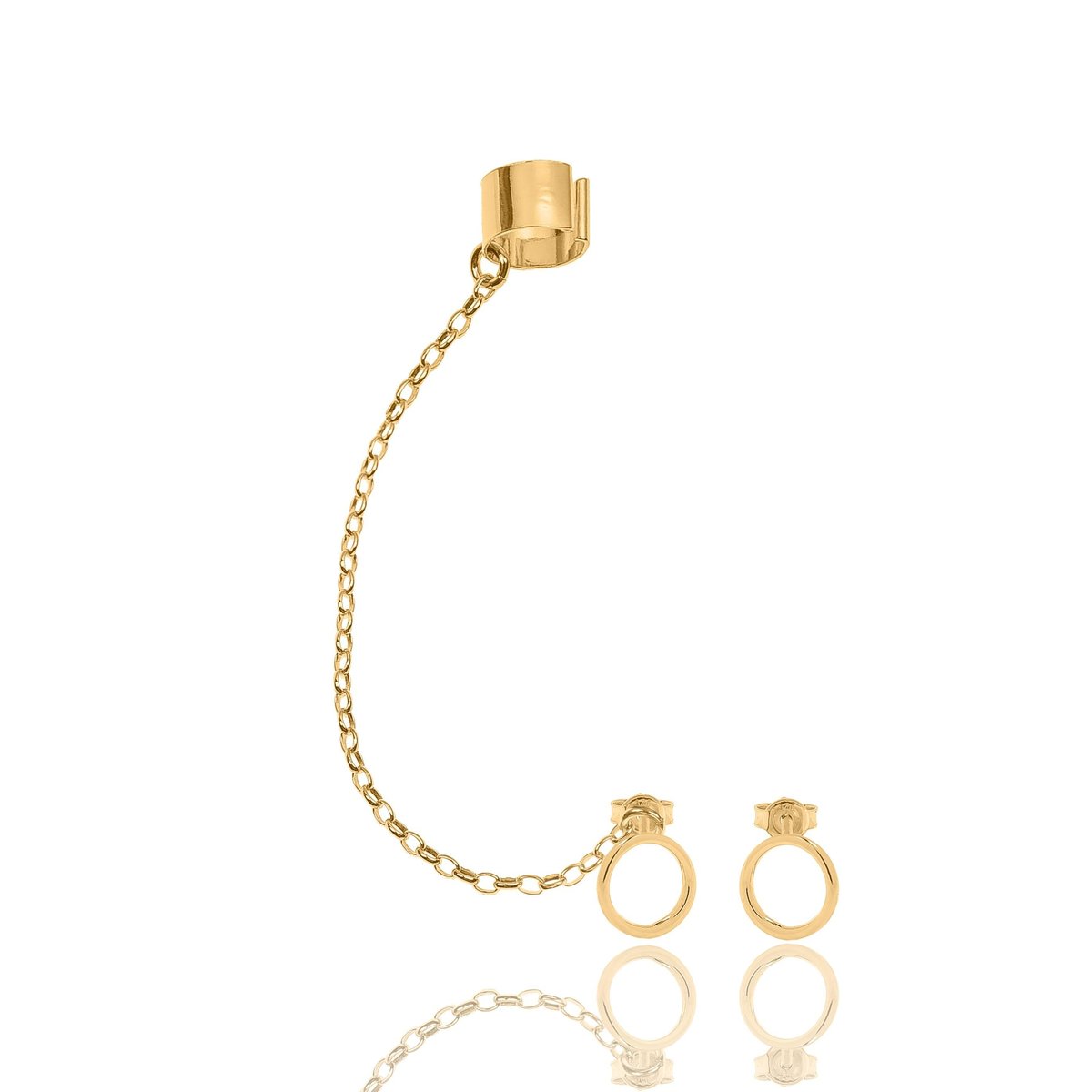 Nausznica srebrna pozłacana z łańcuszkiem i kolczykami obręczami