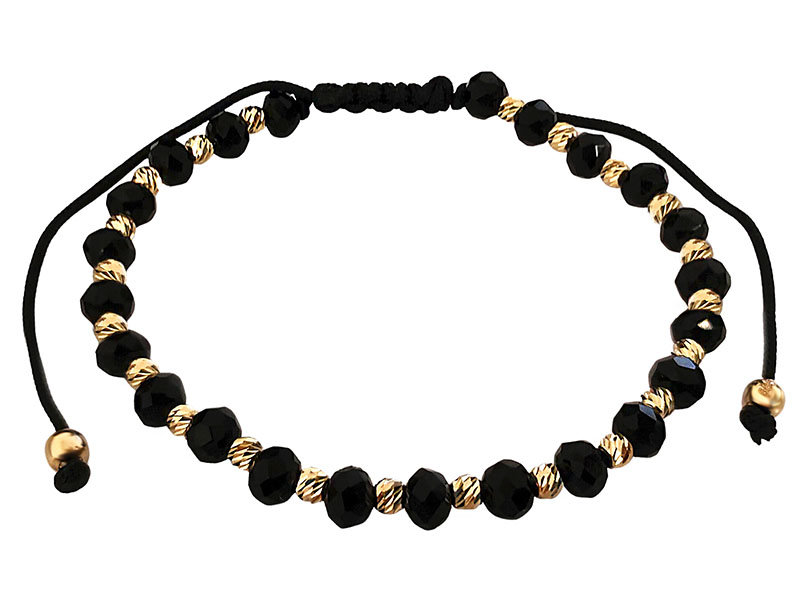 Złota Bransoletka 585 Czarny Sznurek Z Czarnymi Kamieniami