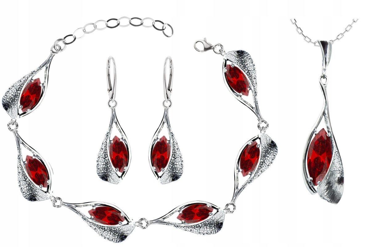 KOMPLET ELEGANCKIEJ BIŻUTERII Z GRANATAMII SREBRO
