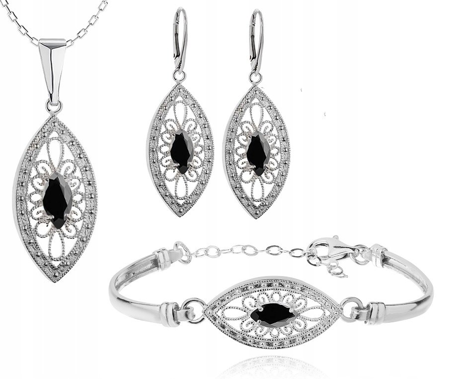 SREBRNY KOMPLET BIŻUTERII Z CZARNYMI CYRKONIAMI