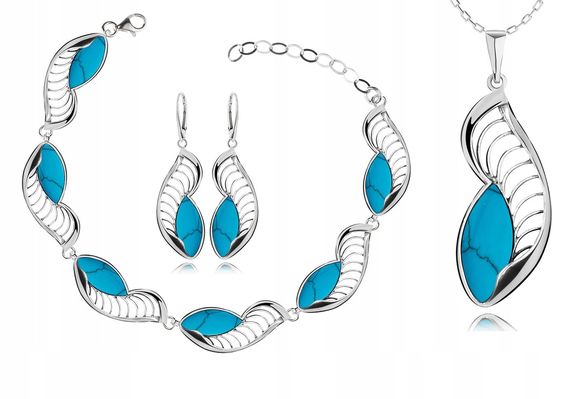SREBRNY AŻUROWY KOMPLET BIŻUTERII Z TURKUSAMI p925