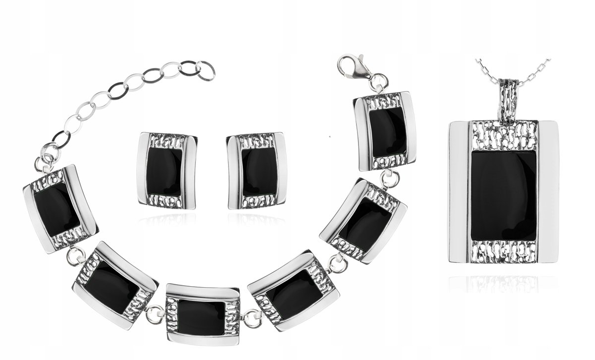 KOMPLET ELEGANCKIEJ BIŻUTERII Z ONYKSAMI KLIPSY