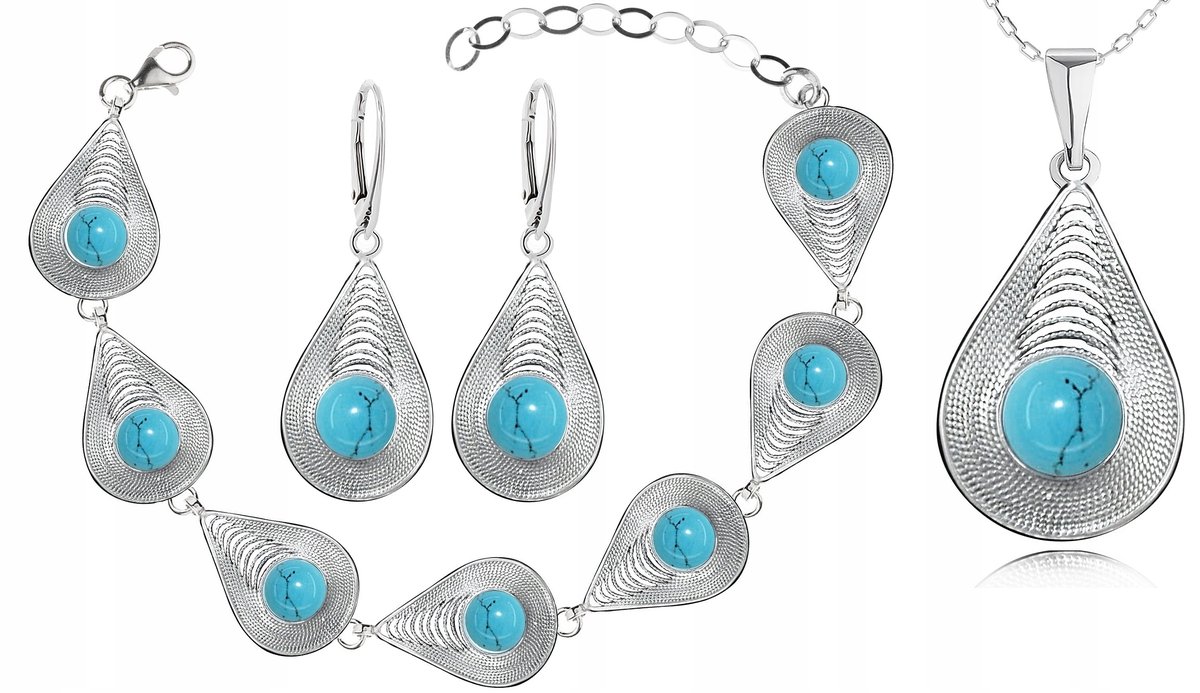 KOMPLET POSTARZANEJ BIŻUTERII SREBRNEJ Z TURKUSAMI