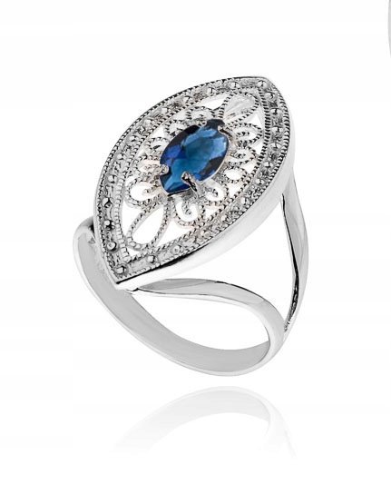 PIERŚCIONEK AŻUROWY Z NIEBIESKĄ CYRKONIĄ ROZMIAR17