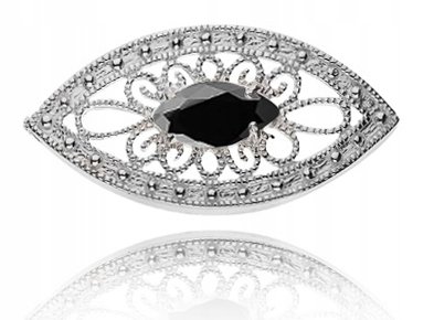 SREBRNA AŻUROWA BROSZKA Z CZARNĄ CYRKONIĄ. Pr.925!