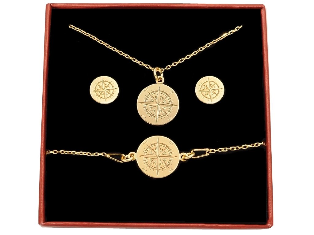 Duży pozłacany komplet róża wiatrów kompas