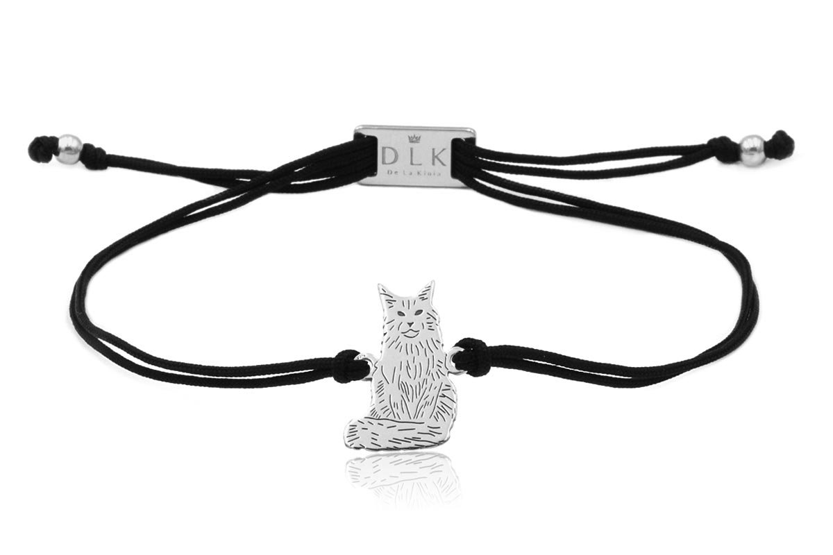 Bransoletka Z Kotem Maine Coon Srebrnym Na Sznurku  Uniwersalny (15-17 Cm)