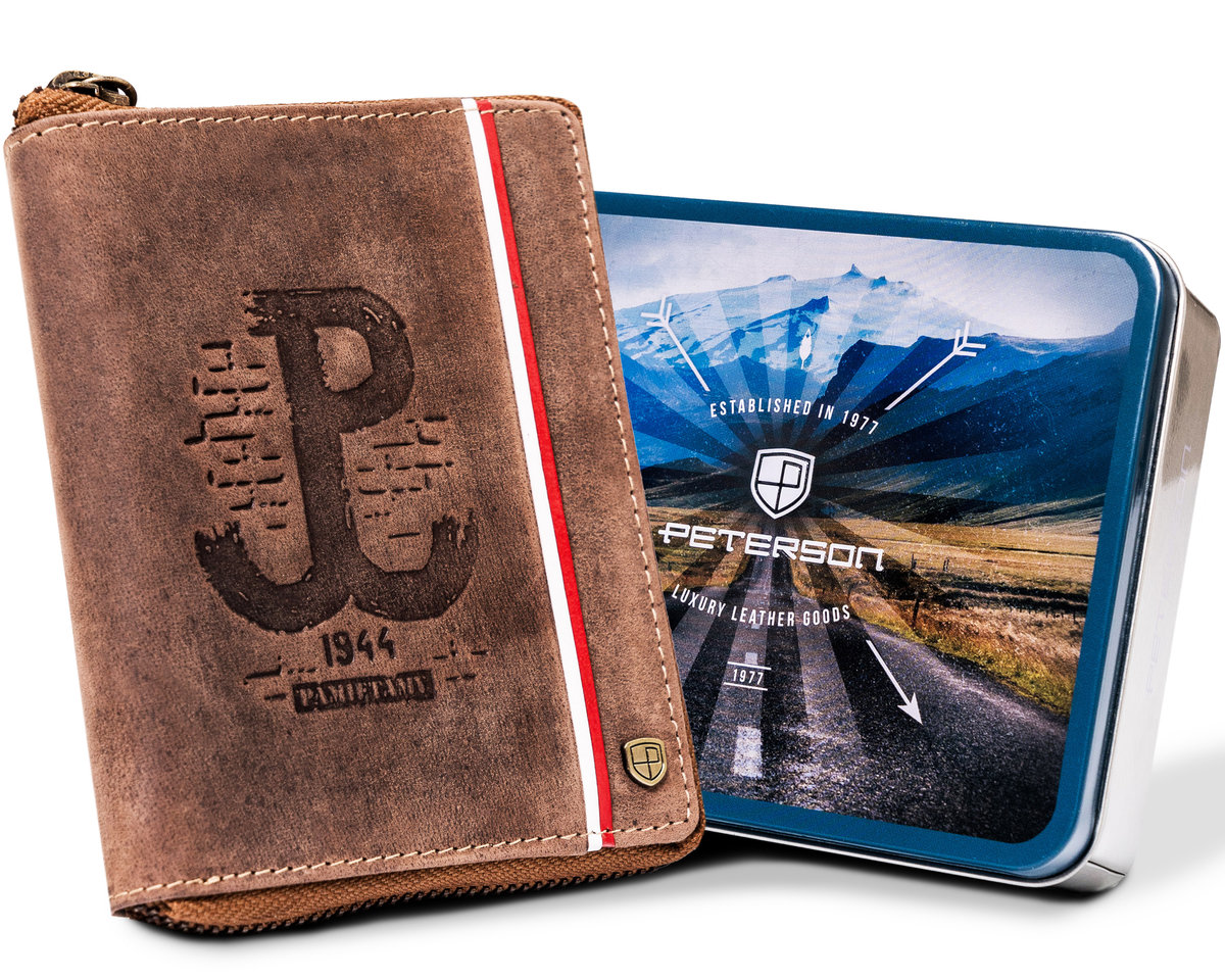 Pojemny portfel na suwak męski patriotyczny Polska Walcząca flaga Polski skóra naturalna Peterson, brązowy
