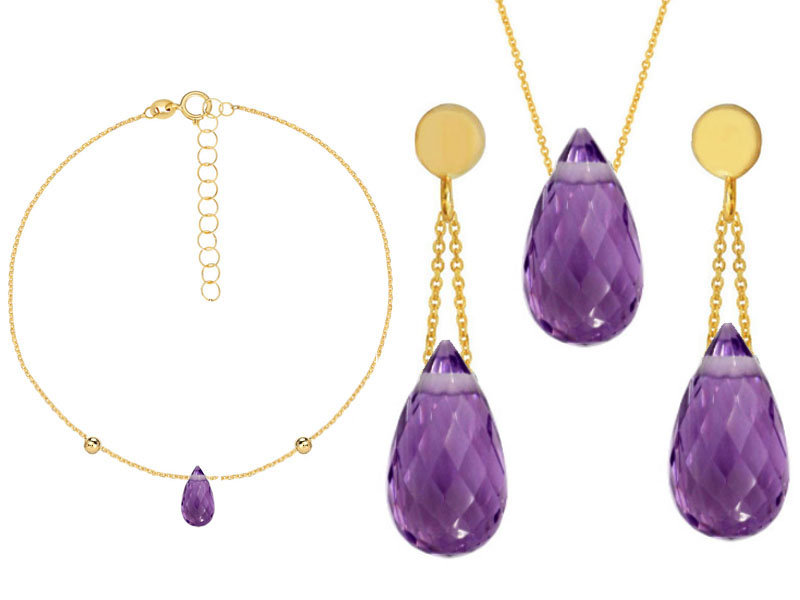 Złoty zestaw biżuterii 375 kropla ametyst