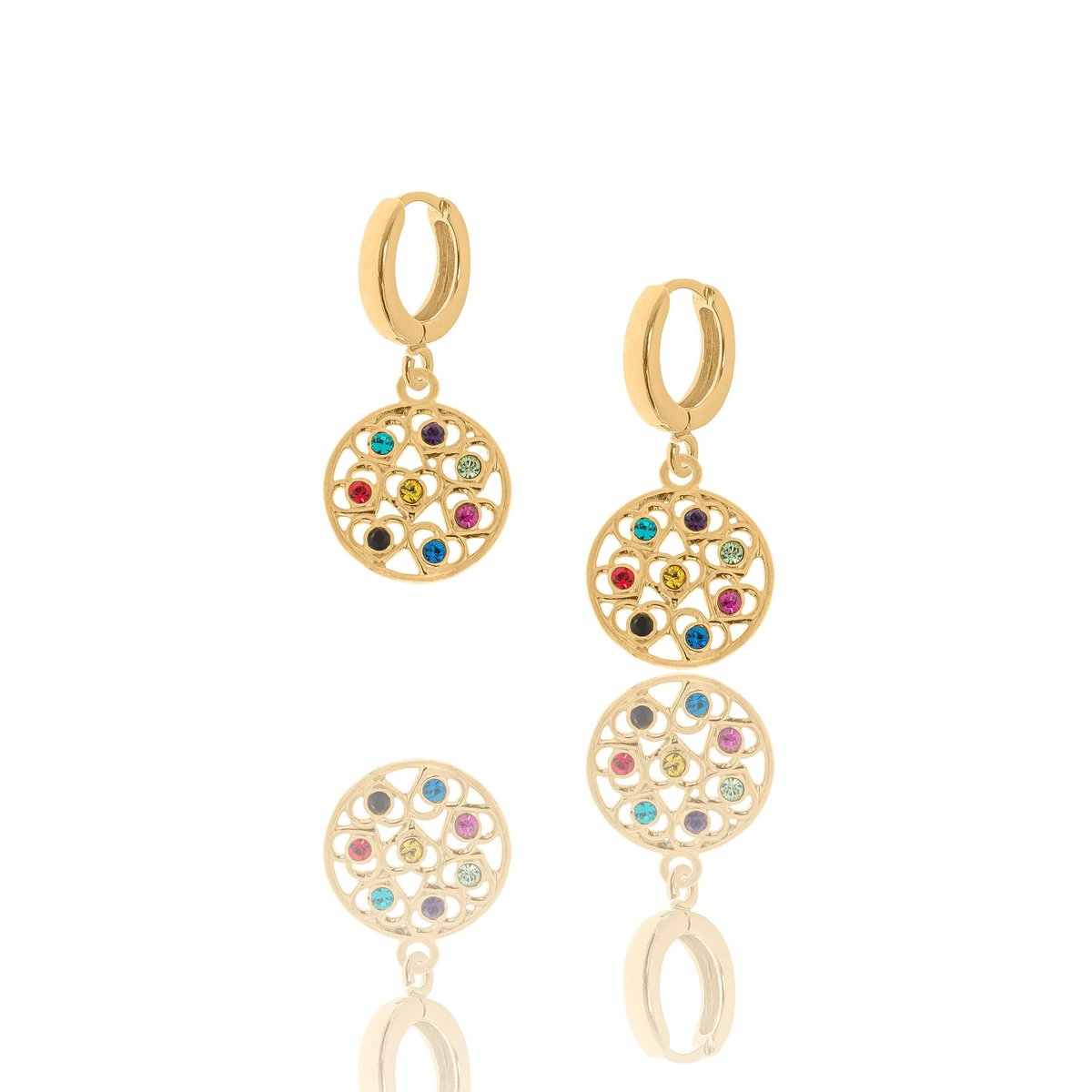 Kolczyki srebrne pozłacane z rozetami z kolorowymi kryształkami