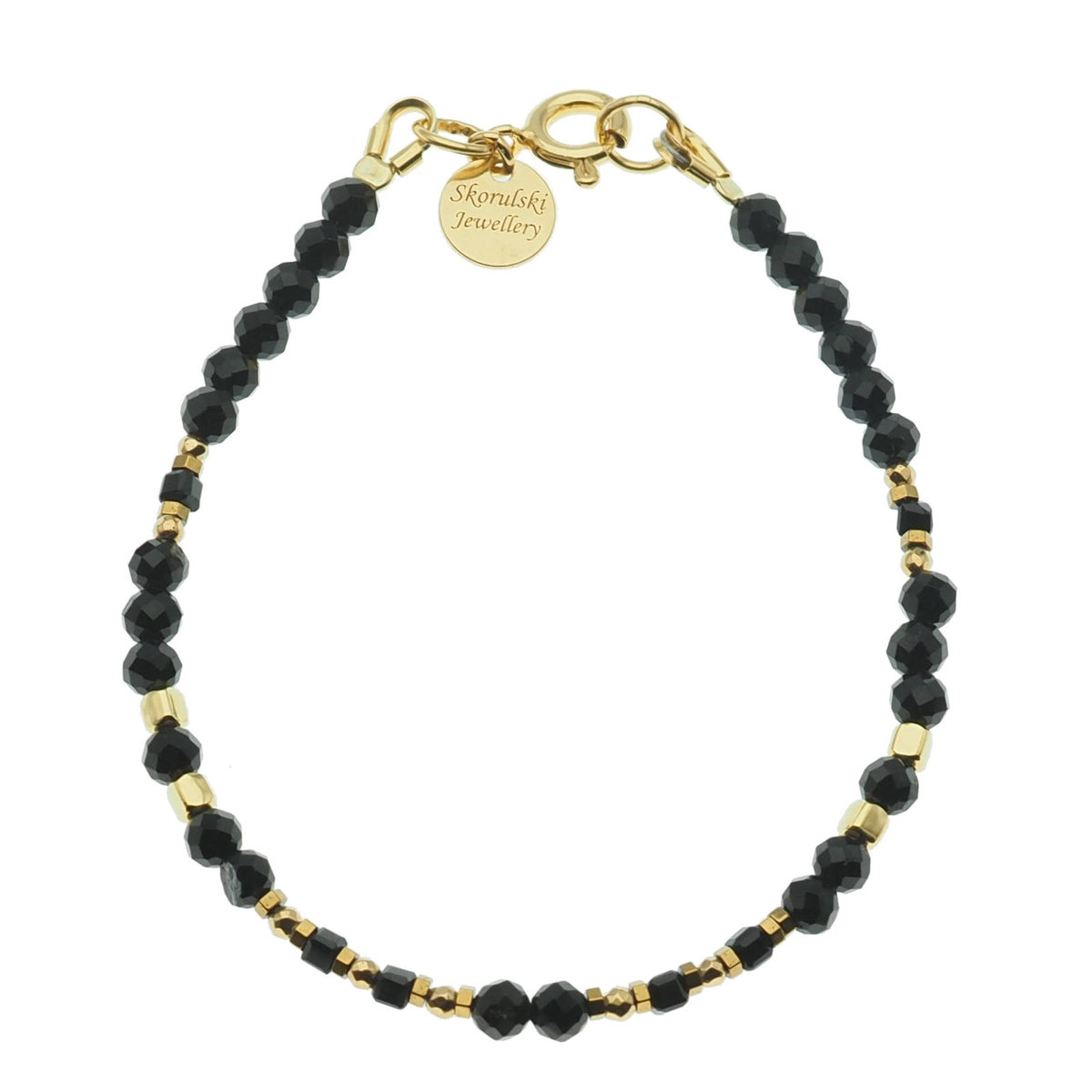 Skorulski Jewellery, Bransoletka, cięty Turmalin czarny. Hematyt i srebro złocone-17,8 cm