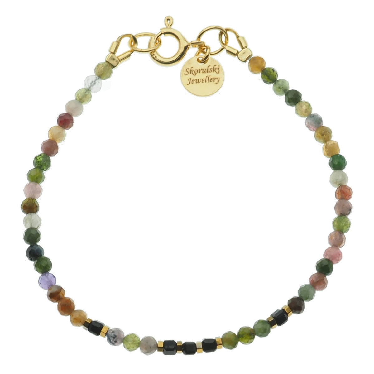 Skorulski Jewellery, Bransoletka, cięty Turmalin kolorowy. Hematyt i srebro złocone-17,5 cm