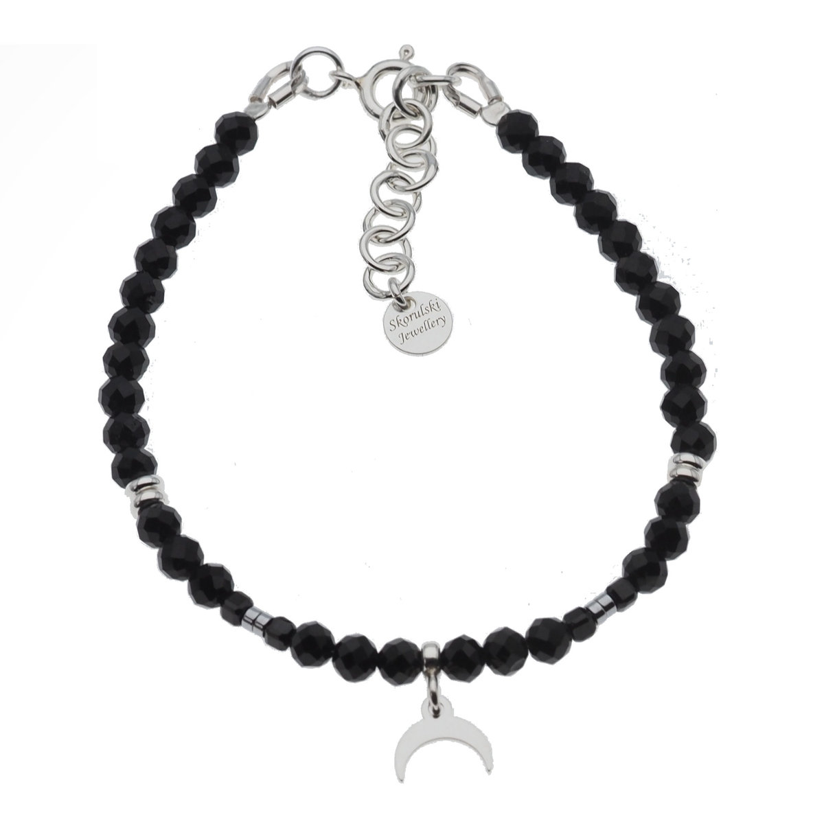 Skorulski Jewellery, Bransoletka regulowana, Turmalin czarny kulki, zawieszka księżyc i srebro