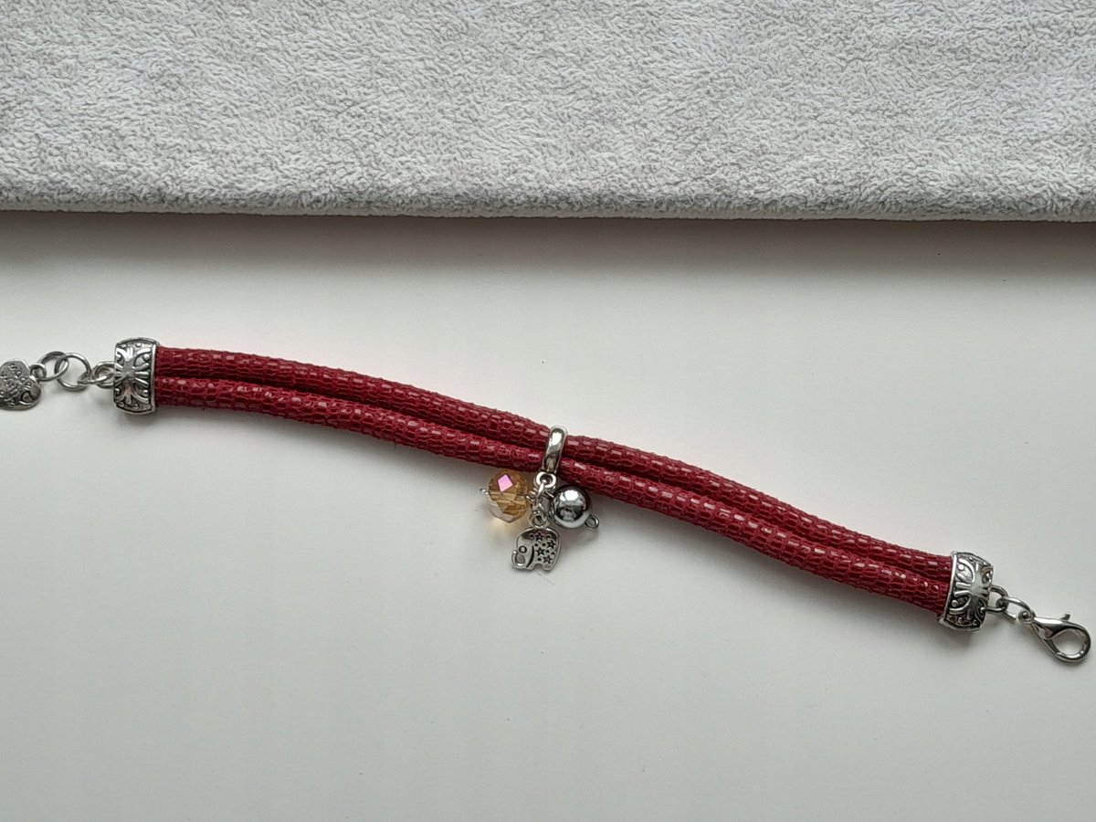 BRANSOLETKA CZERWONA BORDOWA SKÓRA SŁOŃ KRYSZTAŁ