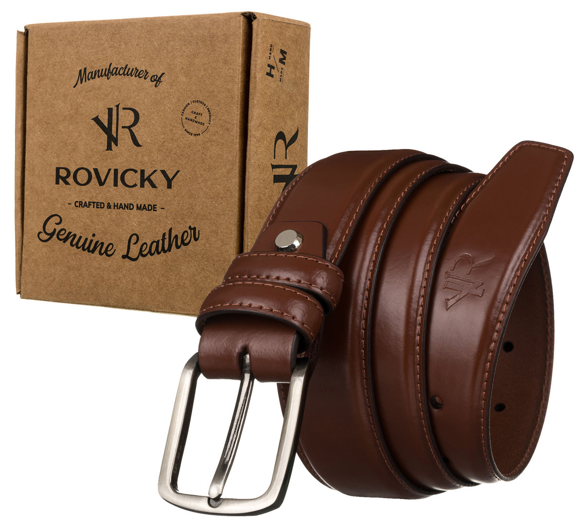 Elegancki, skórzany pasek męski z klamrą tradycyjną — Rovicky