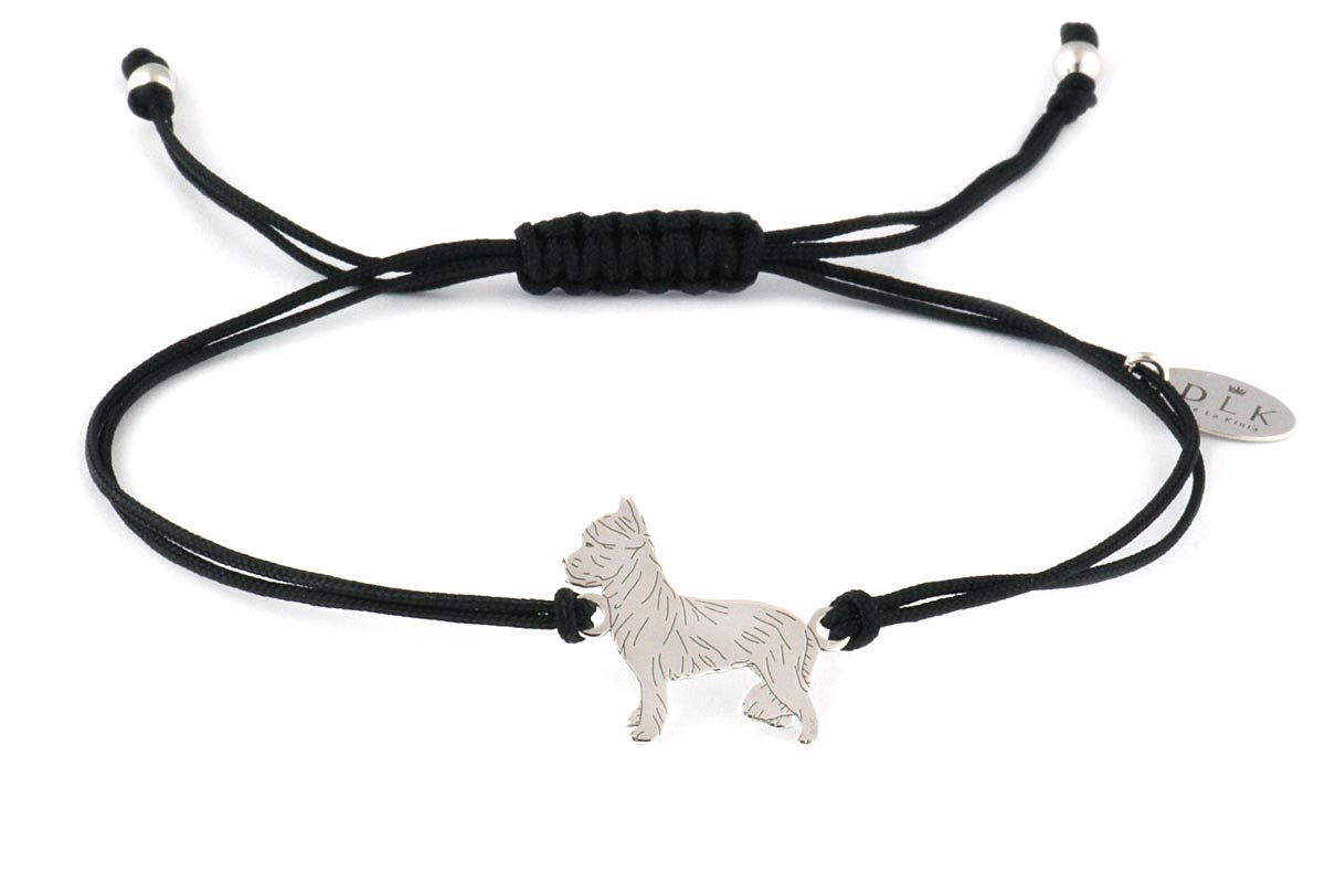 Bransoletka z psem yorkiem srebrnym na czarnym sznurku
