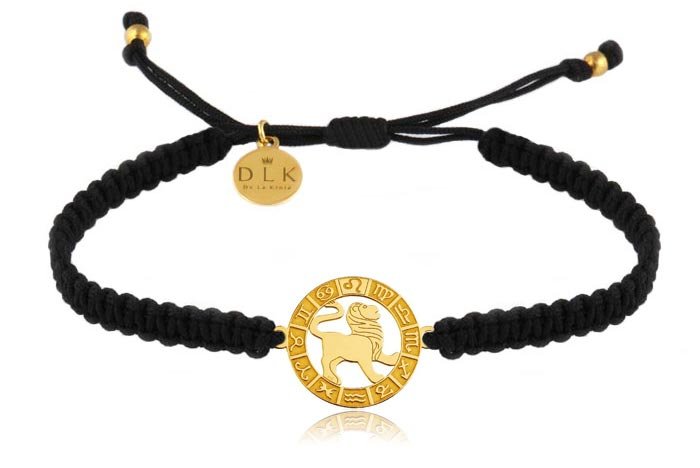 Bransoletka ze znakiem zodiaku LEW złoty na czarnej makramie