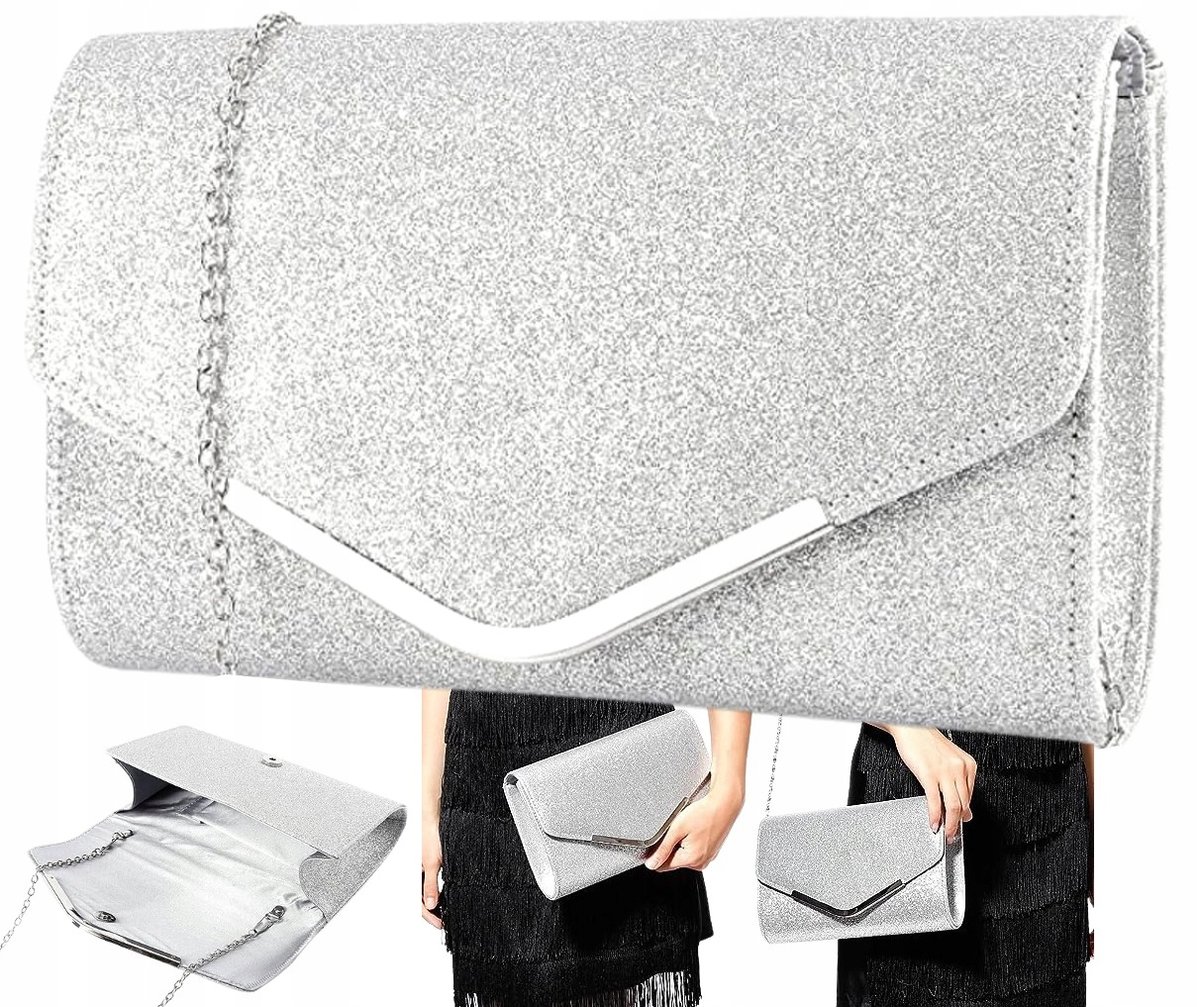 Wieczorowa Srebrna Torebka Kopertówka Wizytowa
