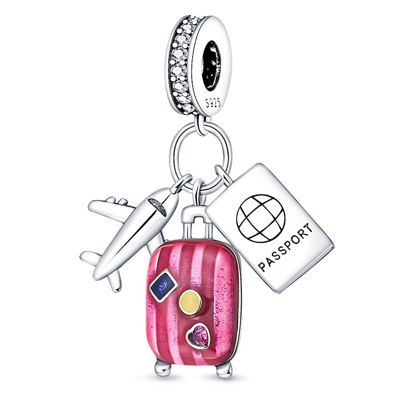 Zawieszka Srebro 925 Charms Koralik Do Pandora Podróż Wakacje Samolot Walizka Paszport