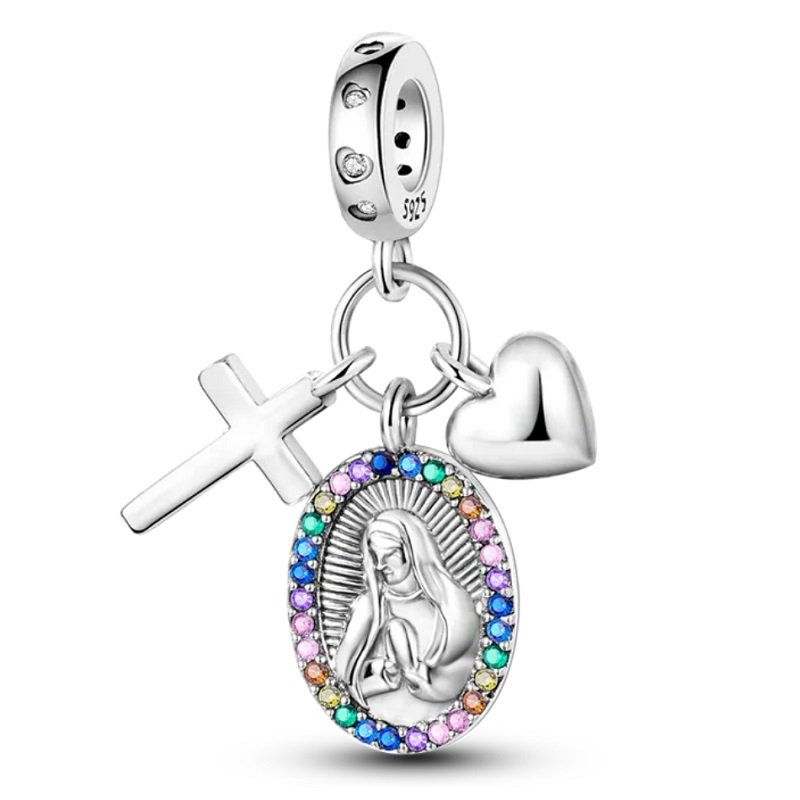 Zawieszka Srebro 925 Charms Koralik Do Pandora Maryja Matka Boska Krzyż Serce